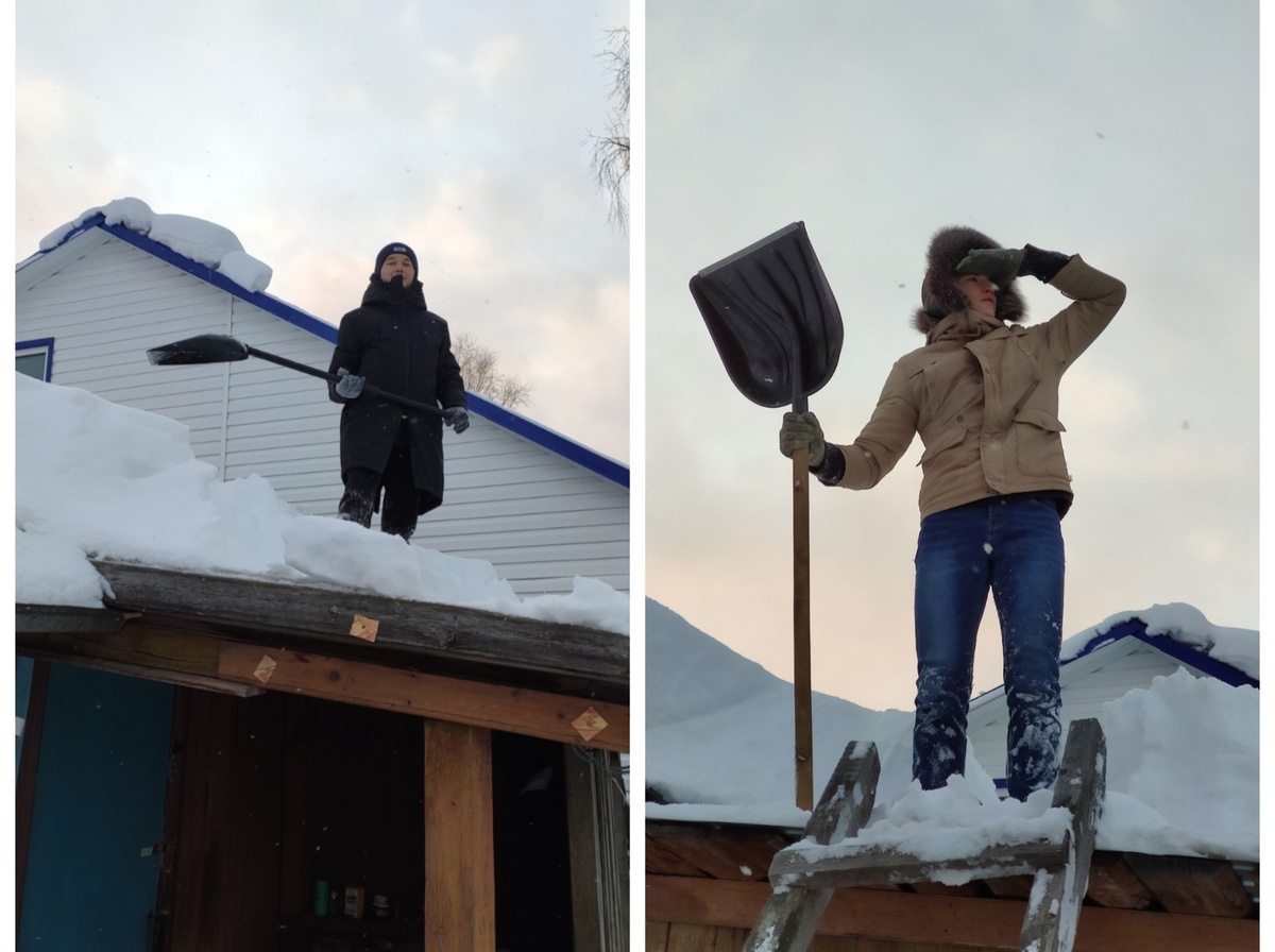 Уборка снега на крыше дома пенсионерки