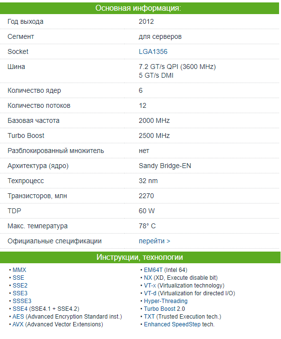 Основный характеристики процессора