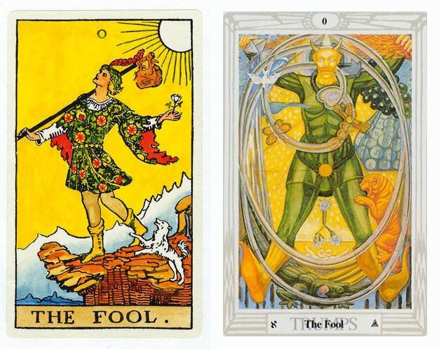 Карта Таро Шут в колодах Артура Уэйта и Таро Тота Алистера Кроули.