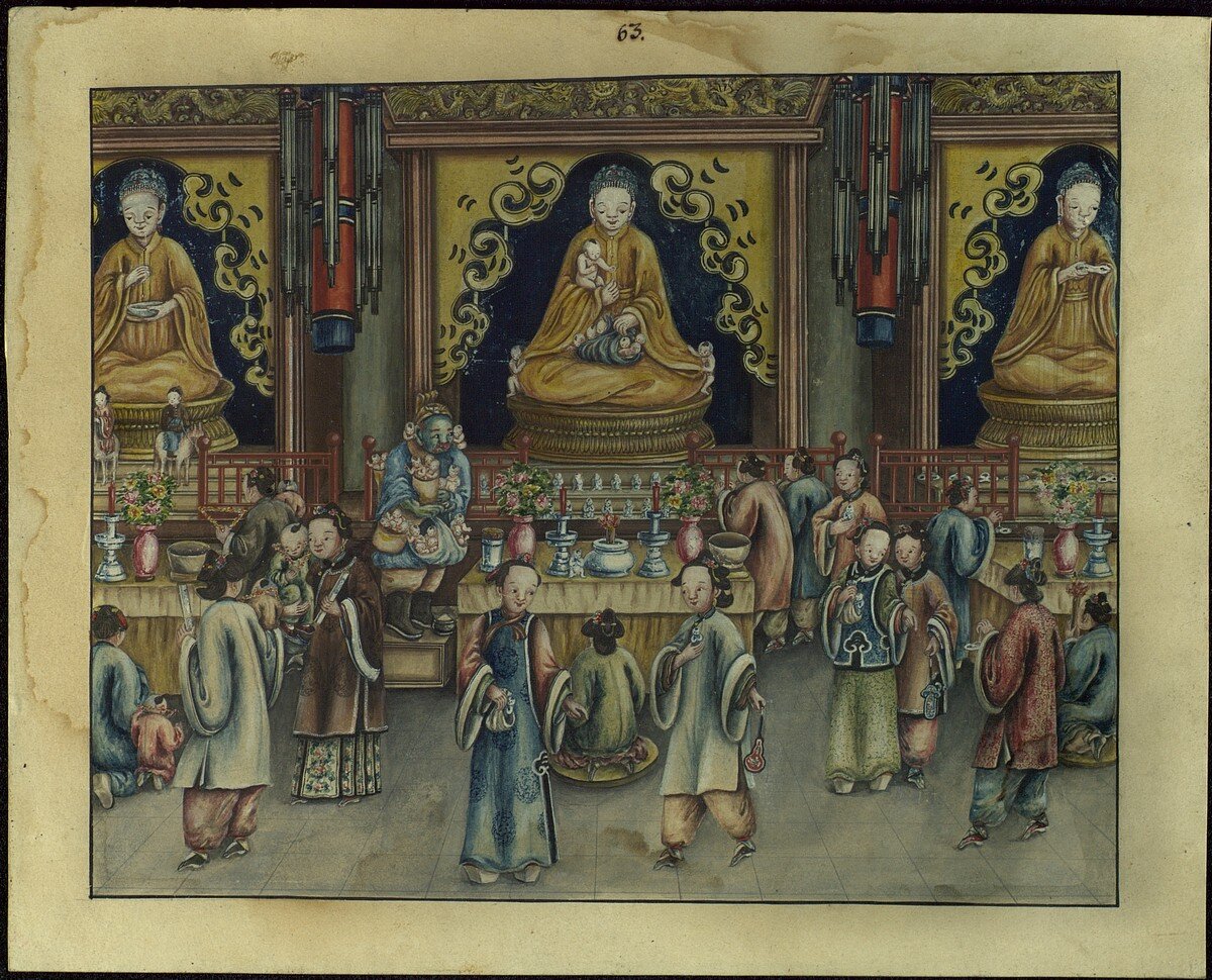 Рисунок из серии «Китайские религиозные обряды»: «В храме богини чадоподательницы». Китай, Пекин, кон. XIX в. Бумага, акварель. Из коллекции В.М. Алексеева 