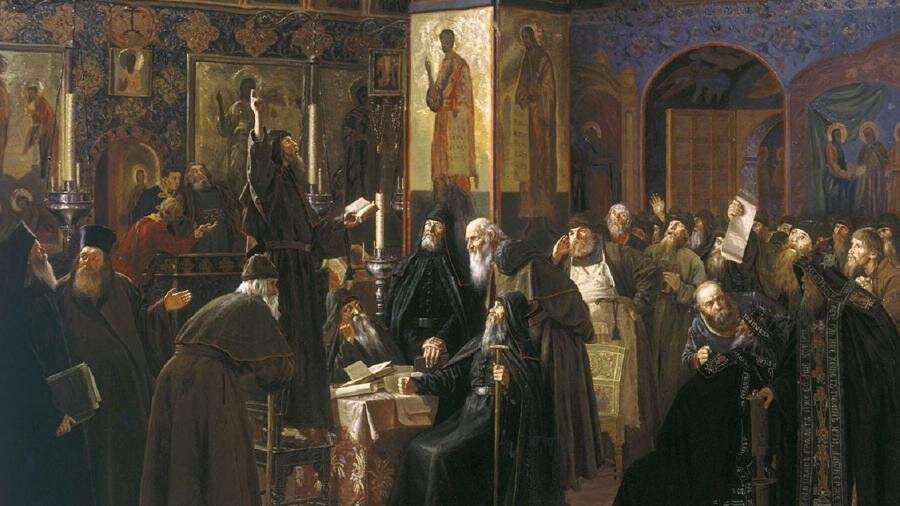 Картина Сергея Милорадовича «Черный собор. Восстание Соловецкого монастыря против новопечатных книг в 1666 году»                                                                                                                 Фото: commons.wikimedia.org