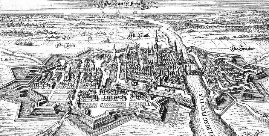Замок и город Эльбинг. Старинная гравюра. 