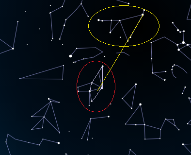 В красном эллипсе созвездие Журавль, в желтом - созвездие Козерог, и желтая линия направления на Журавль от основания Козерога.