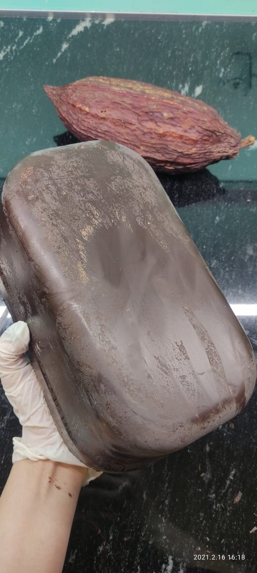 Готовый слиток горького шоколада с уральским характером на фоне плода какао-дерева. 