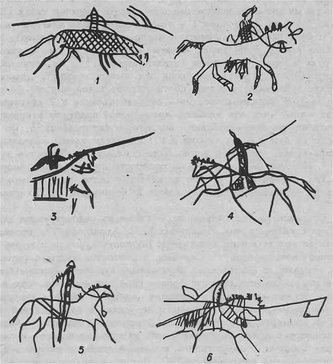 Наскальные рисунки, изображающие курыканских воинов. VII век, остров Ольхон.