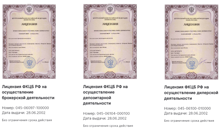 Лицензии АО Открытие Брокер