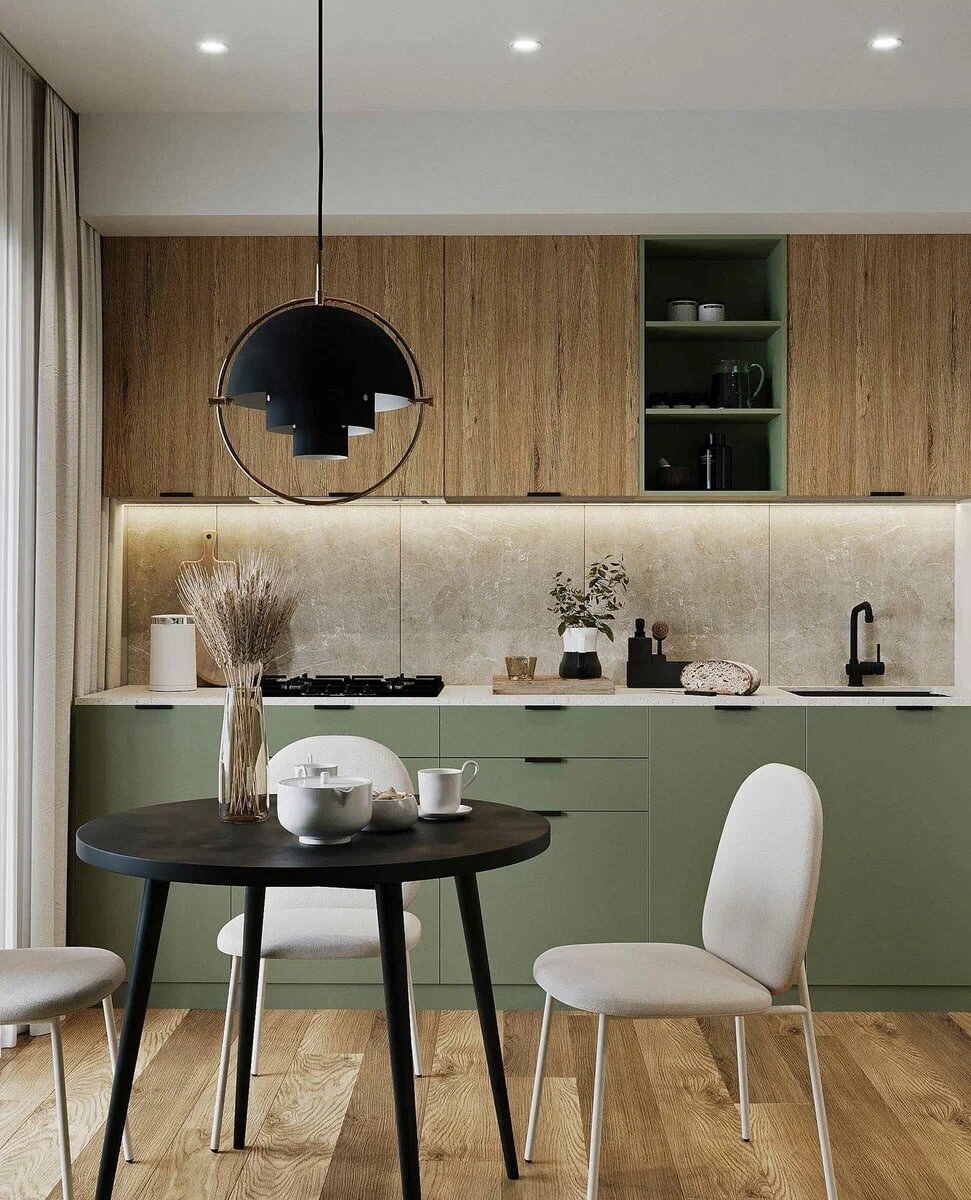 Зеленый, графитовый и светлое дерево. Элегантная однушка 48 кв.м., где уместилось всё необходимое
