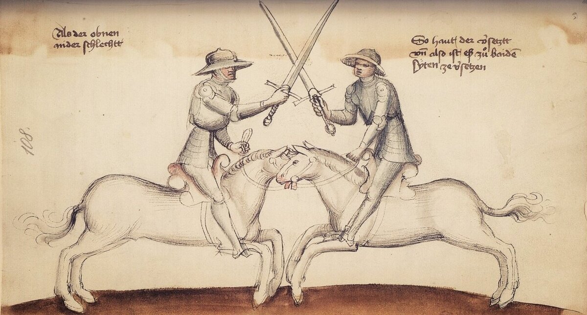 Длинный меч в поединке верхом. Из манускрипта Ганса Тальхоффера ок. 1440 гг. (MS XIX.17-3)
