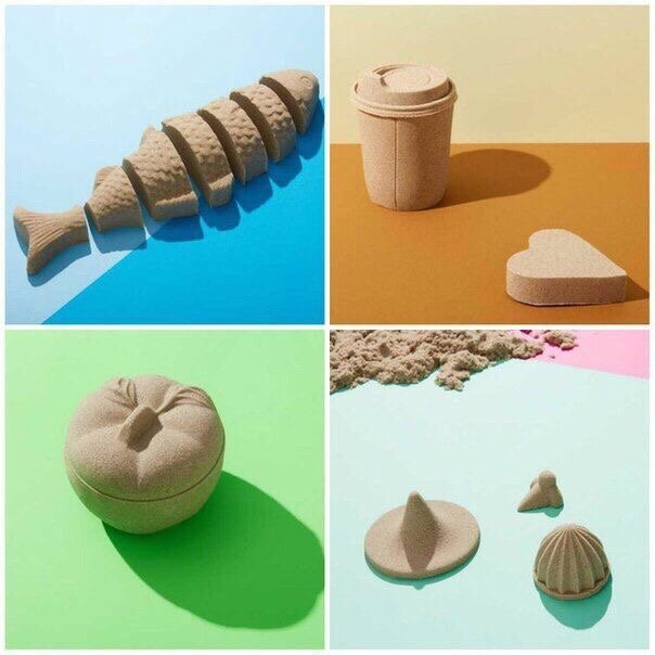 Кинетический песок в домашних условиях. 
Полезная для моторики рук малышей и залипательная игрушка, только вот после игры с ним уборка обеспечена. 

Все проще простого.
На два таких шарика потребуется:

✅ 2 ст л моющего средства или бальзама для волос;
✅ ~ 100 гр картофельного крахмала;
✅ краситель (пищевой/гуашь)

Выливаете моющее средство в посуду, где будете вымешивать, постепенно вмешиваете крахмал до нужной консистенции. Можно разделить на маленькие части и поэкспериментировать с окраской. А можно оставить белым и пожмякать так. 