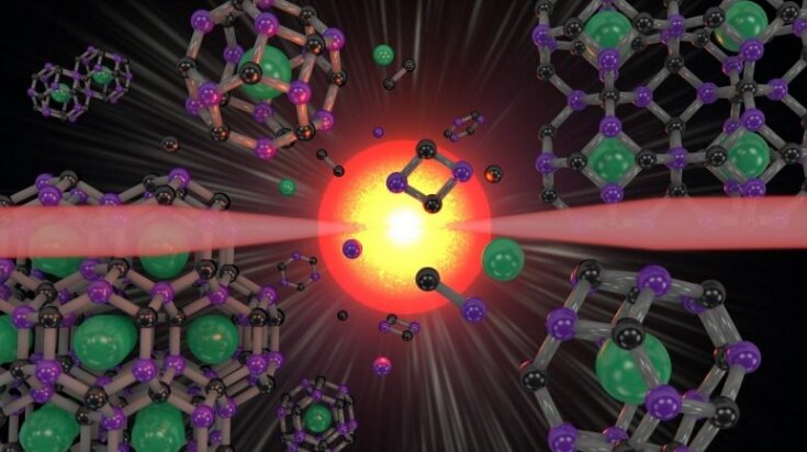 Клатратная структура двудольного содалита, состоящая из усеченных октаэдрических «клеток-хозяев», которые улавливают «гостевые» атомы стронция, была синтезирована в условиях высокого давления и высокой температуры с использованием технологии лазерного нагрева.