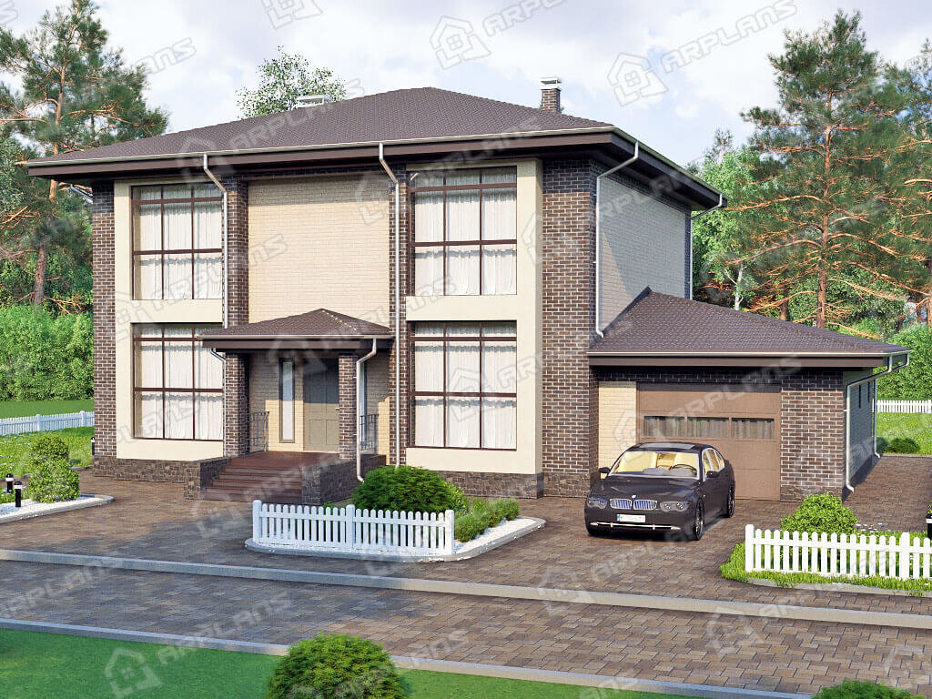 Фото 2 двухэтажного дома из газобетона с 5 спальнями, кабинетом, гостевой комнатой, газовой котельной и гаражом. 250 кв м. Источник arplans.ru Проект К-078