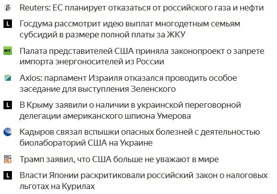 Часть новостной ленты Яндекса на утро 10 марта 2022 года