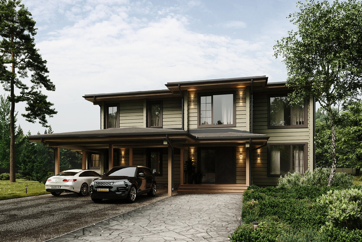 Дом из клееного бруса с навесом для двух машин