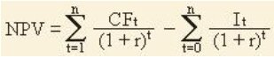 где CFt – объем денежных поступлений за конкретный период t, It – расходы за период  t, r – ставка дисконтирования, n – общее число периодов.