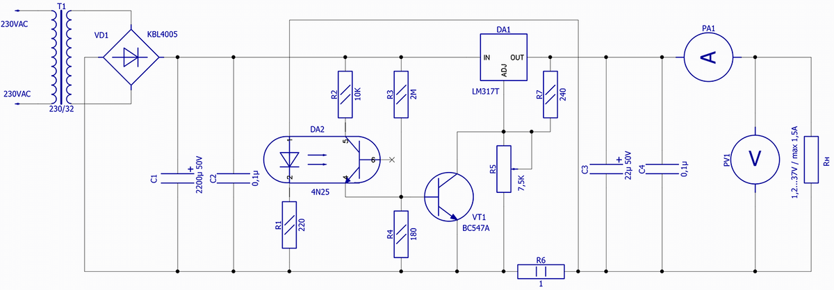 Схема регулируемого блока питания с защитой от кз