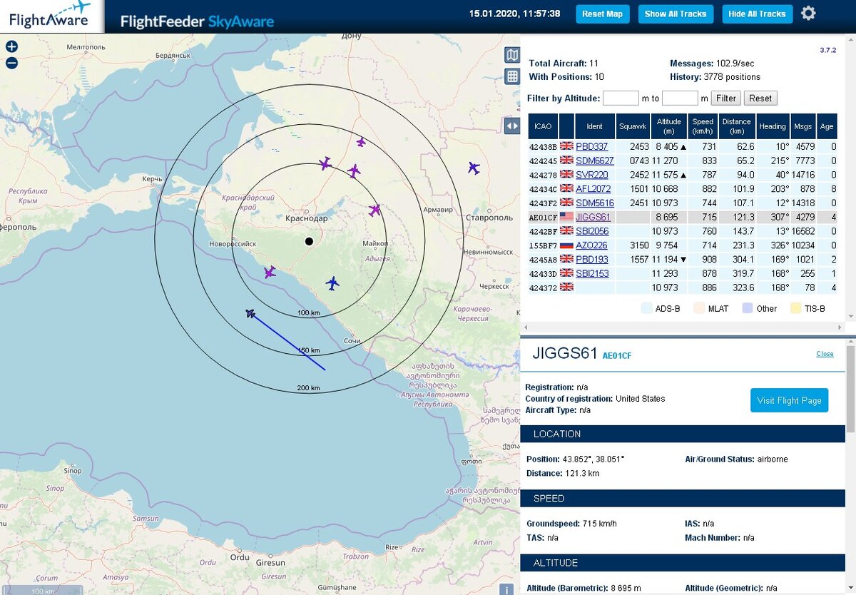 Данные с моей системы слежения за воздушными судами