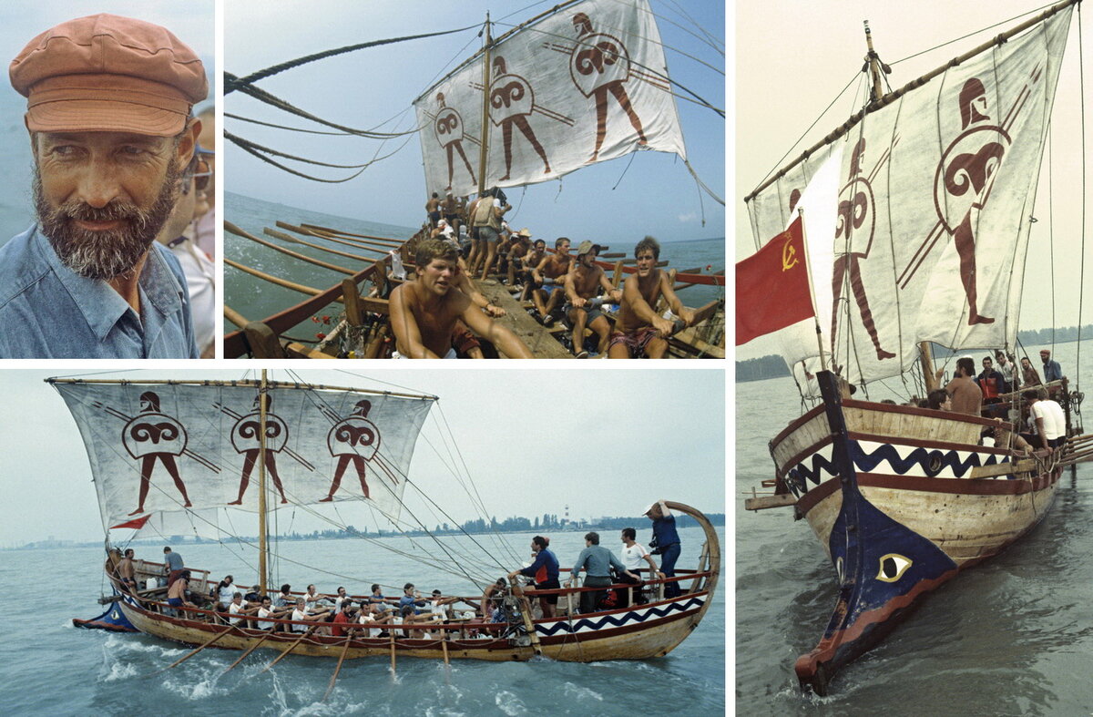 Английский мореплаватель Тим Северин и  его 20-весельная галера  "Арго" в Грузии, 1984.