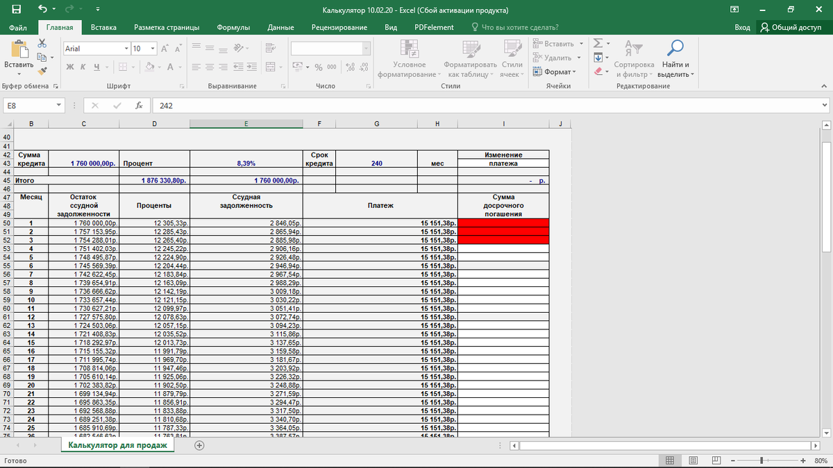 Расчет ипотеки на 20 лет под 8.4% годовых с первоначальным взносом 440000 руб.