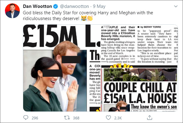 «Благослови господь Daily Star за эту нелепость, которой заслуживают Гарри и Меган!» Из твиттера Дэна Вуттона (https://twitter.com/danwootton)
