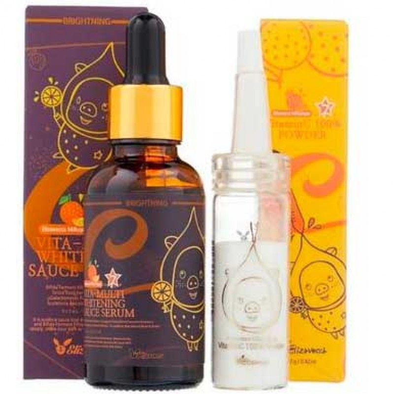 Набор для осветления кожи лица Elizavecca Vitamin C 100% Powder + Vita-Multi Whitening Sauce Serum