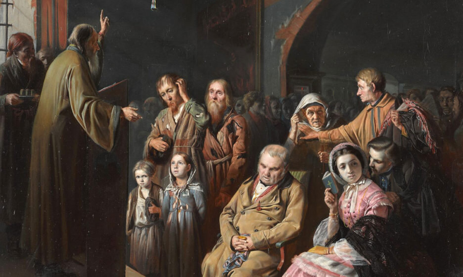 Василий Перов «Проповедь в селе», 1861 г. (фрагмент)