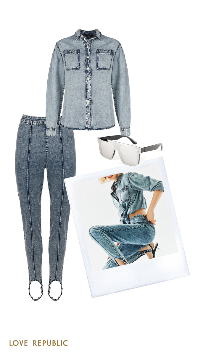 На фото: джинсы (арт. 1153416719), джинсовая рубашка (арт. 1152428332), солнцезащитные очки (арт. 144436003).