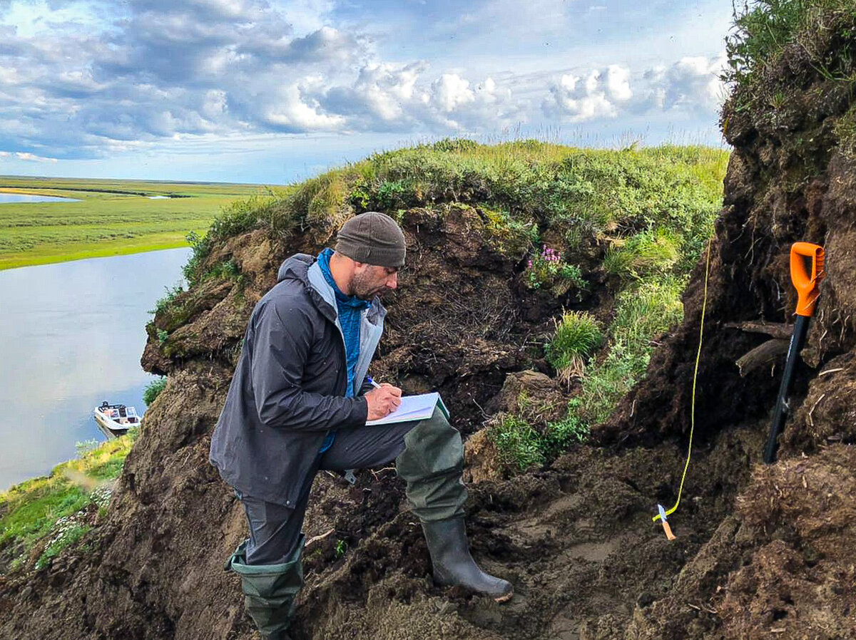 На фото я занимаюсь описанием почвенного профиля с погребенным торфом