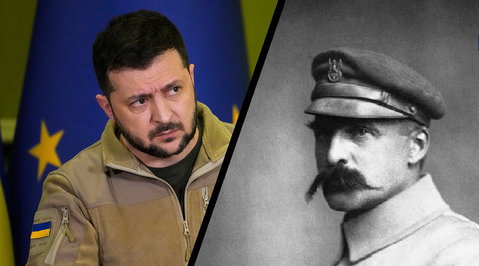 Украинский президент Владимир Зеленский и глава польского государства (1918-1922) Юзеф Пилсудский