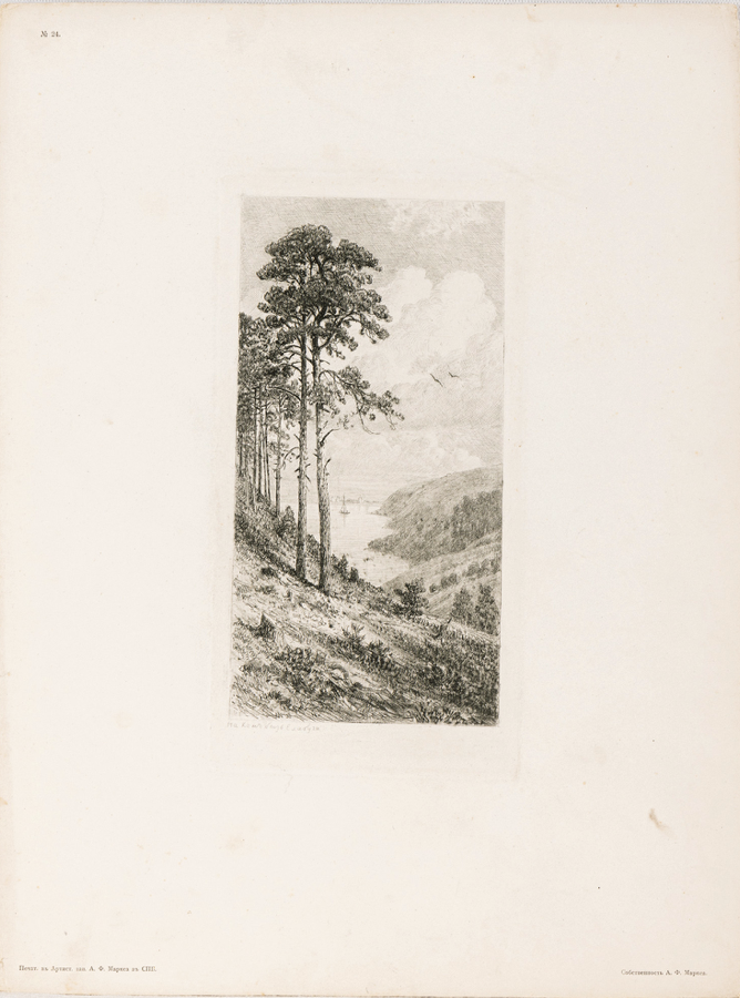 ШИШКИН Иван Иванович (1832‒1898) На Каме близ Елабуги. 1885. Лист № 24 из альбома «60 офортов профессора И. И. Шишкина 1870‒1892». СПБ., А. Ф. Маркс, 1894  Бумага, офорт. 40,2 × 30 (лист), 24 × 12,2 (ковчег), 21,2 × 10,5 (изображение)
