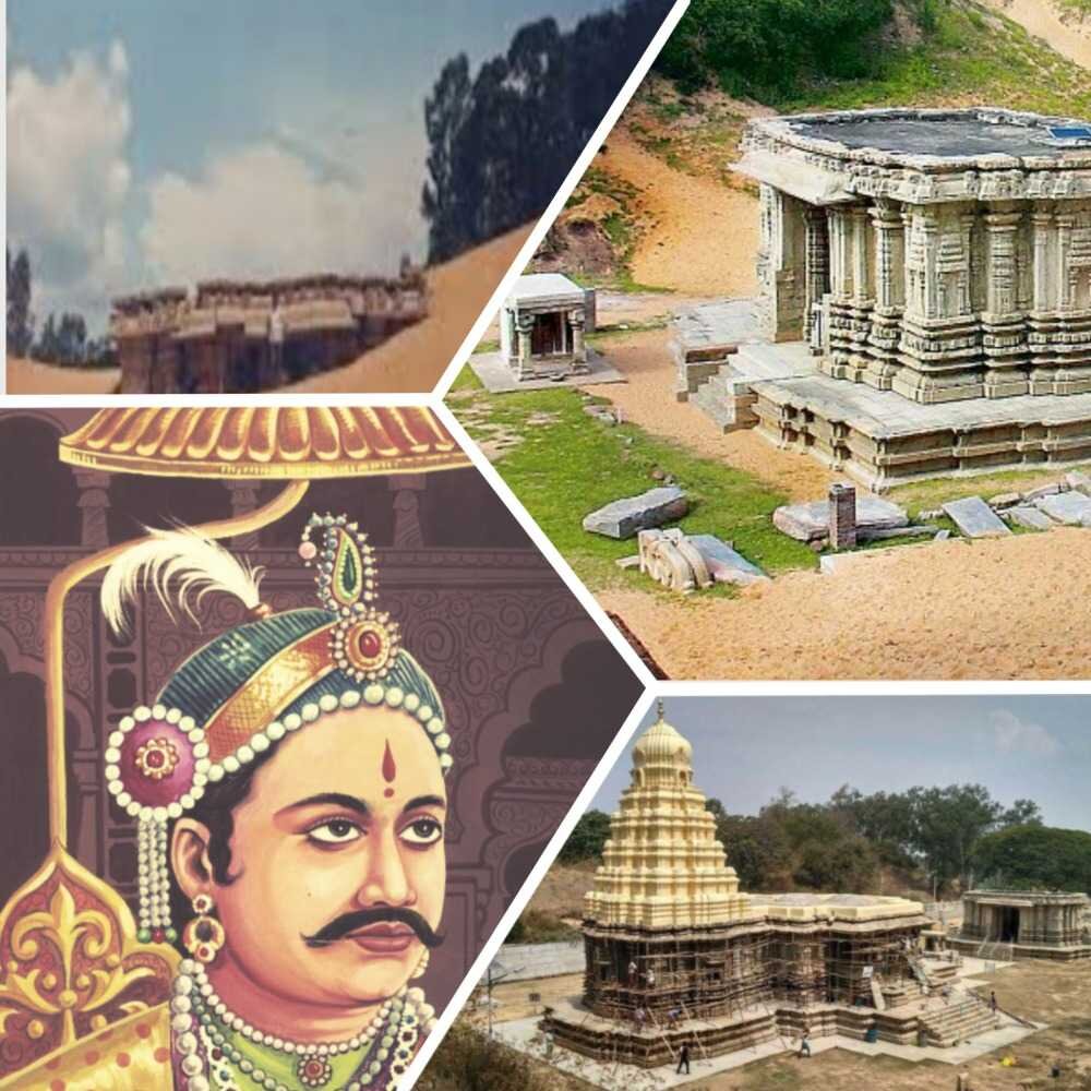 Талакад. Вверху слева - храм в песке в 1991 г. Внизу справа - его современное состояние, восстановление. Раджа I Водеяр.