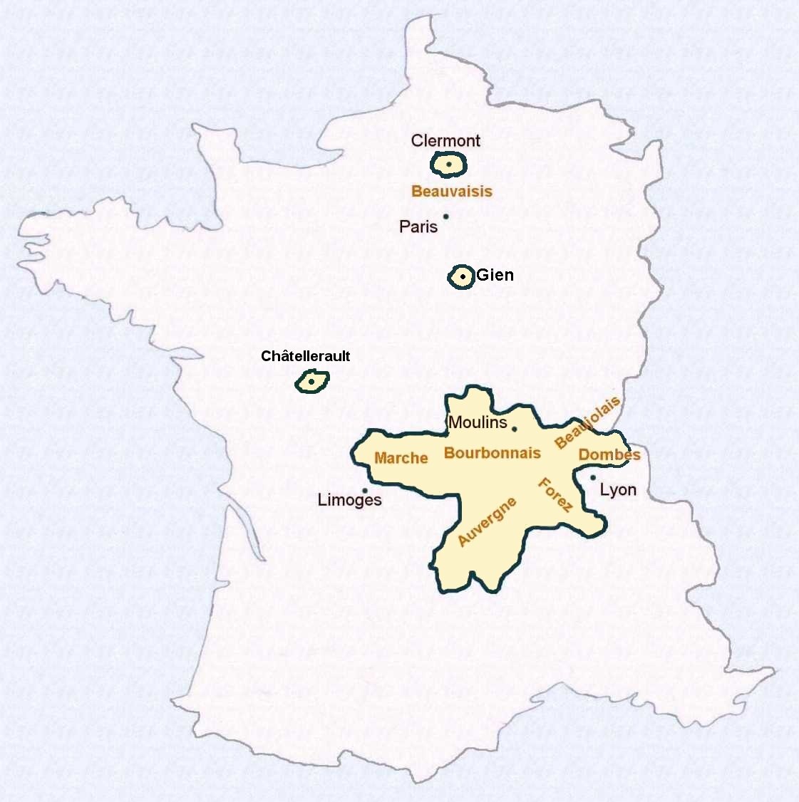 Владения последней герцогской четы относительно территории современной Франции. Княжество Домб было тогда имперским.