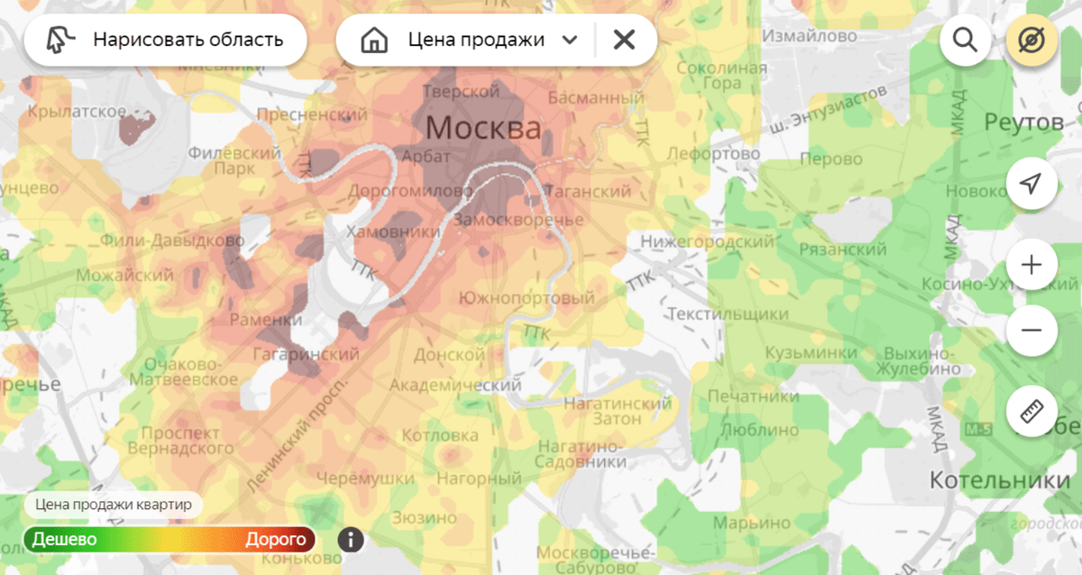 Тепловая карта цен на квартиры в Москве от Яндекс.Недвижимости. 