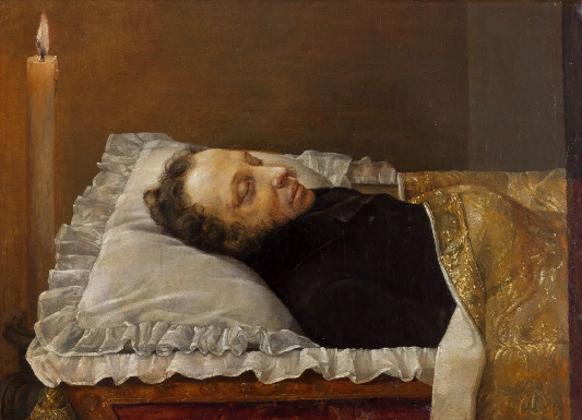 КОЗЛОВ (Игнатьев) А. А. (1818-1884) Пушкин в гробу. 1837 г. Холст, масло. 44 х 57 см. Пушкинский Дом (Институт русской литературы РАН), Санкт-Петербург
