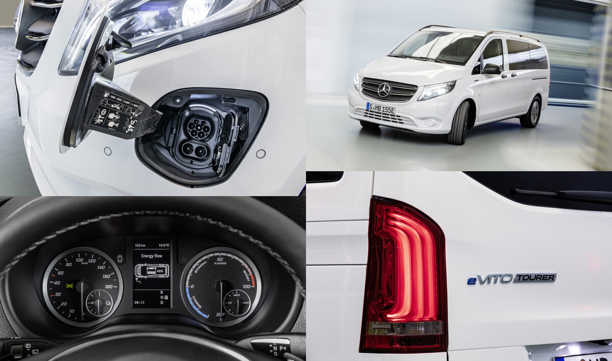 Электрокар eVito Tourer подтянулся к более дорогой модели EQV. Вместо прежнего мотора на 116 л.с. (295 Н•м) теперь установлен 204-сильный (362 Н•м), батарея на 41 кВт•ч уступила место аккумулятору на 100 кВт•ч (используется 90), запас хода подрос со 186 км до 421. Максималка равна 140 км/ч «в базе» или 160 как опция. Зарядка на 80% постоянным током (110 кВт) занимает 45 минут.