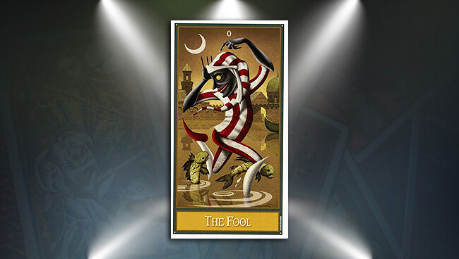 🎭 🎭 🎭                           

Итак, Шут Таро Безумной Луны. Персонаж одет в костюм, чем-то напоминающий пижаму пациента психбольницы. Только вот у нас в России они обычно серенькие, но кто знает, как оно там у них, за бугром? Лично у меня первая ассоциация возникла именно такая. Хотя, может это вовсе не больничная пижама, а ночной костюм, в котором наш герой только что вылез из кровати. Он абсолютно безумен, но его безумие какое-то весёлое. Он радостно улыбается, стоя по колено в воде, из которой выпрыгивают пираньи и вот-вот обгрызут его ноги до самых костей. Ощущение, что этот человек (существо?)  живёт одним моментом. У него нет боязни последствий, есть лишь какой-то безумный экстаз ликования. Гондола, на которой можно было бы прокатиться без страха остаться без ног, исчезает за правым краем карты. Ну и пускай, а мне и так весело.
Мне всё это напоминает ребёнка, который сбегает на улицу втайне от матери, чтобы вдоволь попрыгать по лужам, нарвать яблок из соседского сада, обожраться до отвала мороженым и сделать, в принципе, всё то, что ему постоянно запрещают. Луна на заднем плане растёт, а значит и это безумное дитя проходит фазу роста, взросления, хотя весь процесс кажется обычной, хотя и весьма опасной игрой.
По вопросам гадания и прочего пишите в лс✍📩 или Wat sap🌏