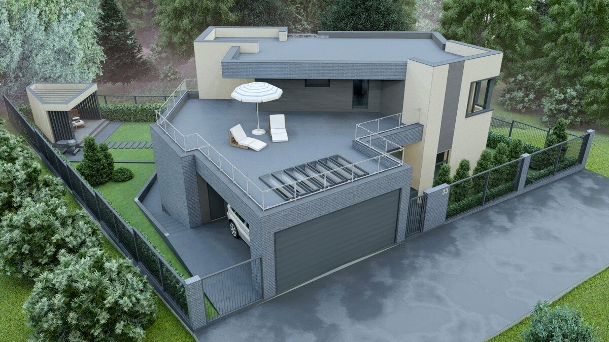 Индивидуальный проект дома в стиле Хай-Тек. Дом удачно вписан на сложный участок с перепадом высот.  Разработка Монолит-Хаус