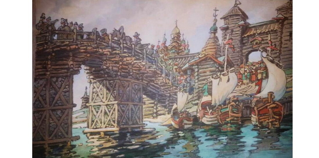 Д. П. Сухов «Софийский собор», 1045-50 гг.; Кремль. XI-XIX вв., г. Великий Новгород. Реконструкция старого города. Вид с реки Волхов.