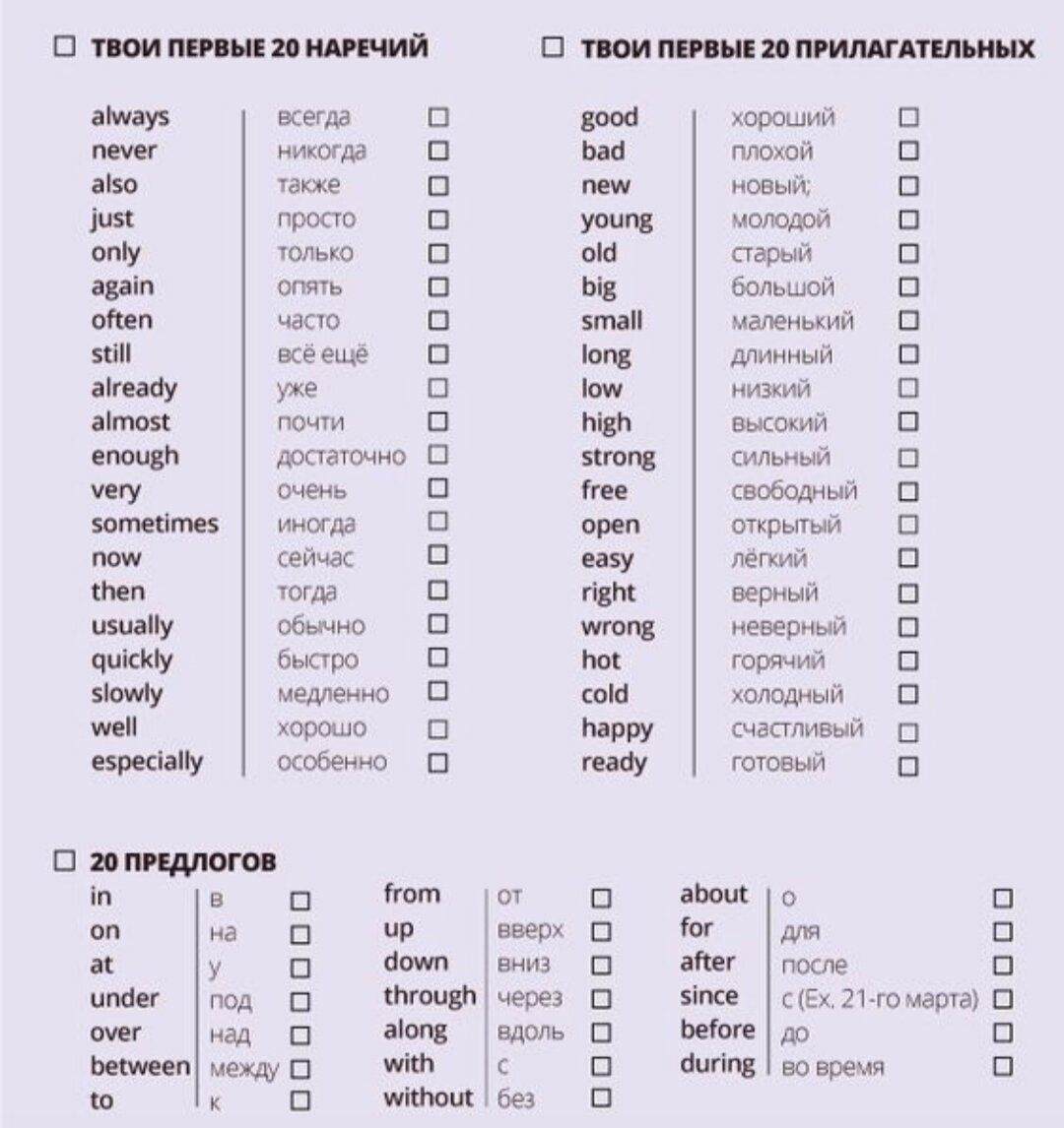 Твои первые 20 наречия, прилагательные и предлоги