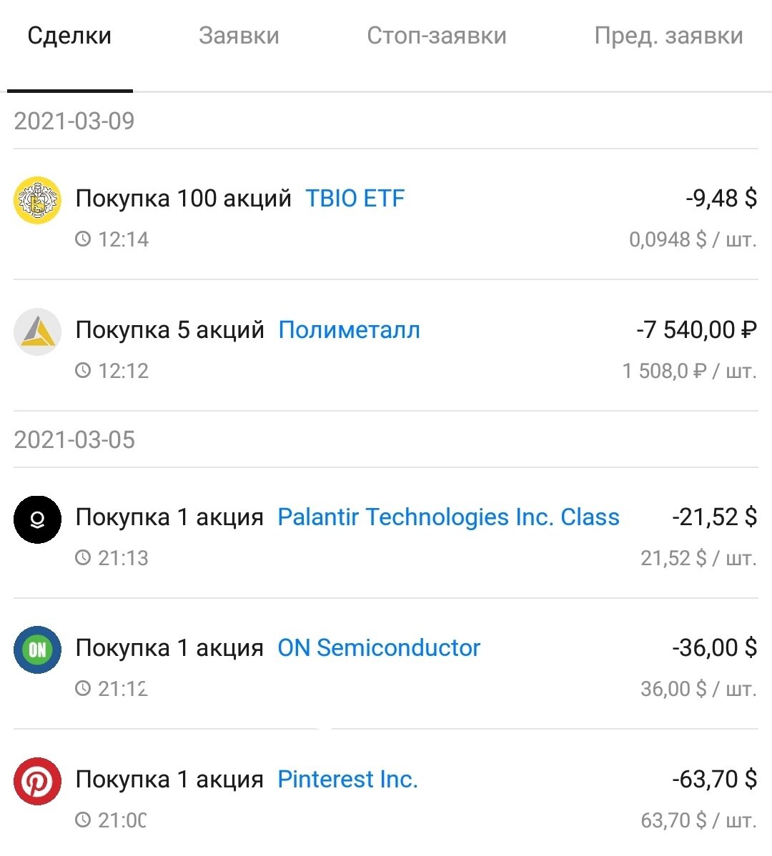 Подтверждение моих сделок