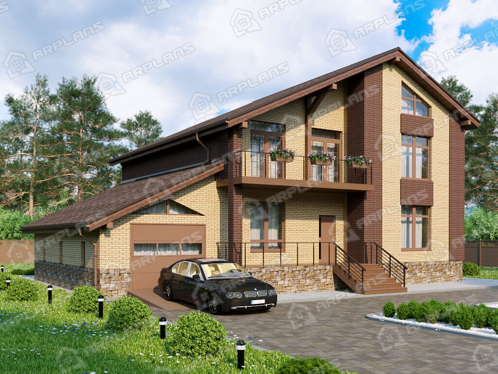 Фото 1 двухэтажного дома из кирпича с мансардой, 4 спальнями, балконом, гостевой, газовой котельной, гаражом и террасой. Полезная площадь 207 кв м. Источник arplans.ru Проект К-354
