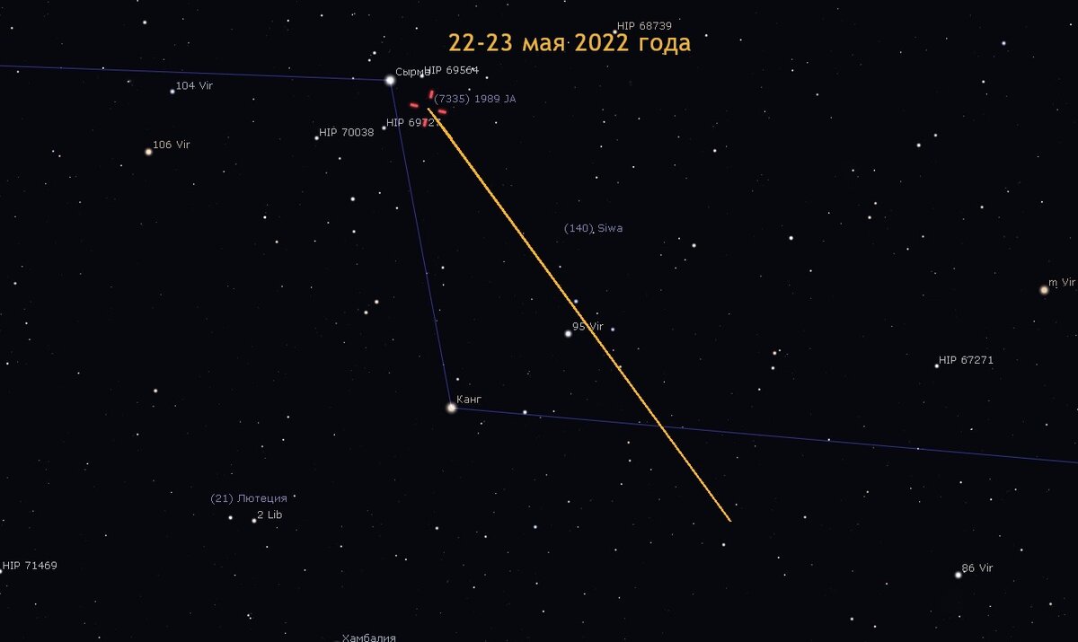   Путь астероида с 22:30 22 мая 2022 по 22:30 23 мая 2022 года (сверху вниз), программа-планетарий