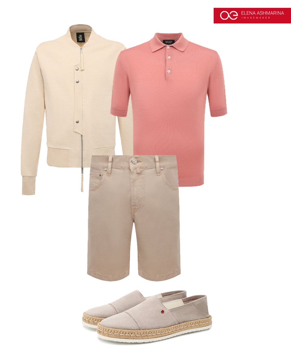 Ос шортами и футболкой поло с эспадрильями. Если прохладно, можно накинуть куртку.