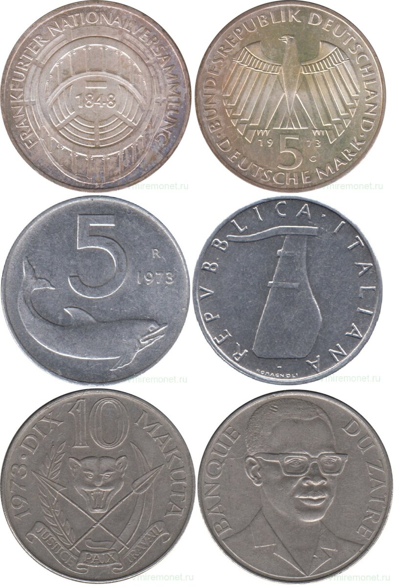 Монеты 1973 года: 5 марок ФРГ, 5 лир Италии, 10 макут Заира