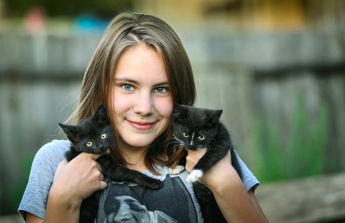 Девочка обнимает котят