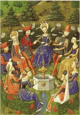  Рассказчики Декамерона. Миниатюра XIV века