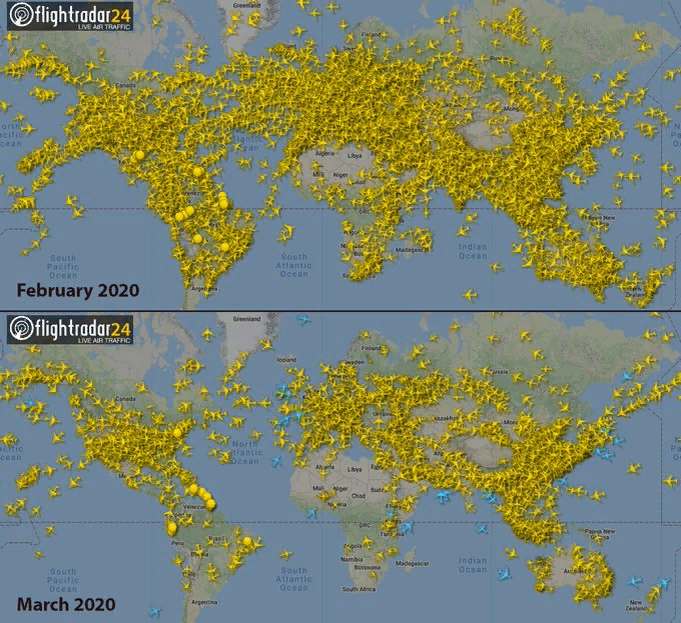 Трафик самолетов февраля 2020 и марта 2020.