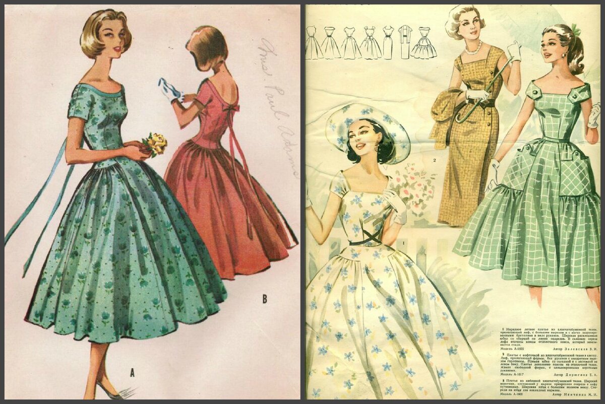 Давайте договоримся. На фото слева будут западные модели 55 - 58 годов из журналов "Вог" и "Летние моды", справа - Ленинградского Дома моделей 57-58 годов