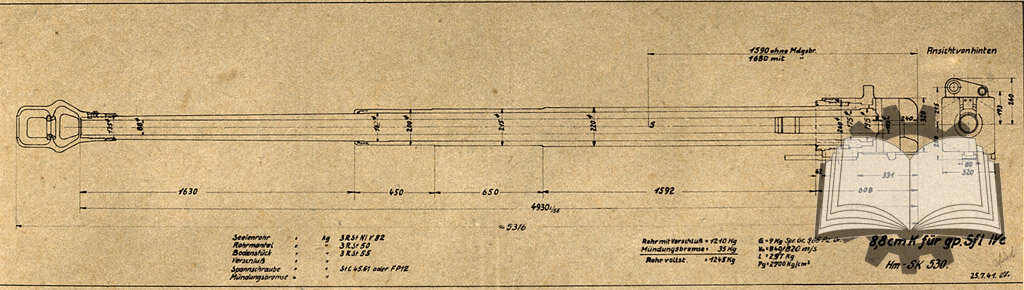 Чертеж 8.8 cm K für gp.Sfl.IVc, 1941 год. На тот момент машина предполагалась очень подвижной, но тут наверху решили, что шасси явно не хватает брони.