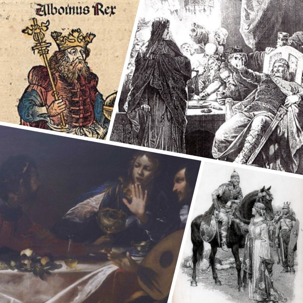 Альбоин, изображение XV века. Пир и чаша. Внизу справа - встреча Альбоина и Розамунды. 