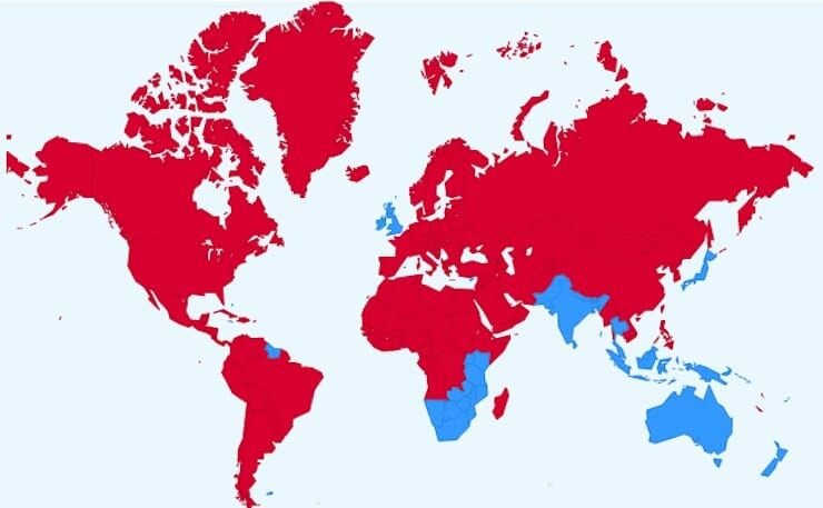 Карта левостороннего и правостороннего движения в мире